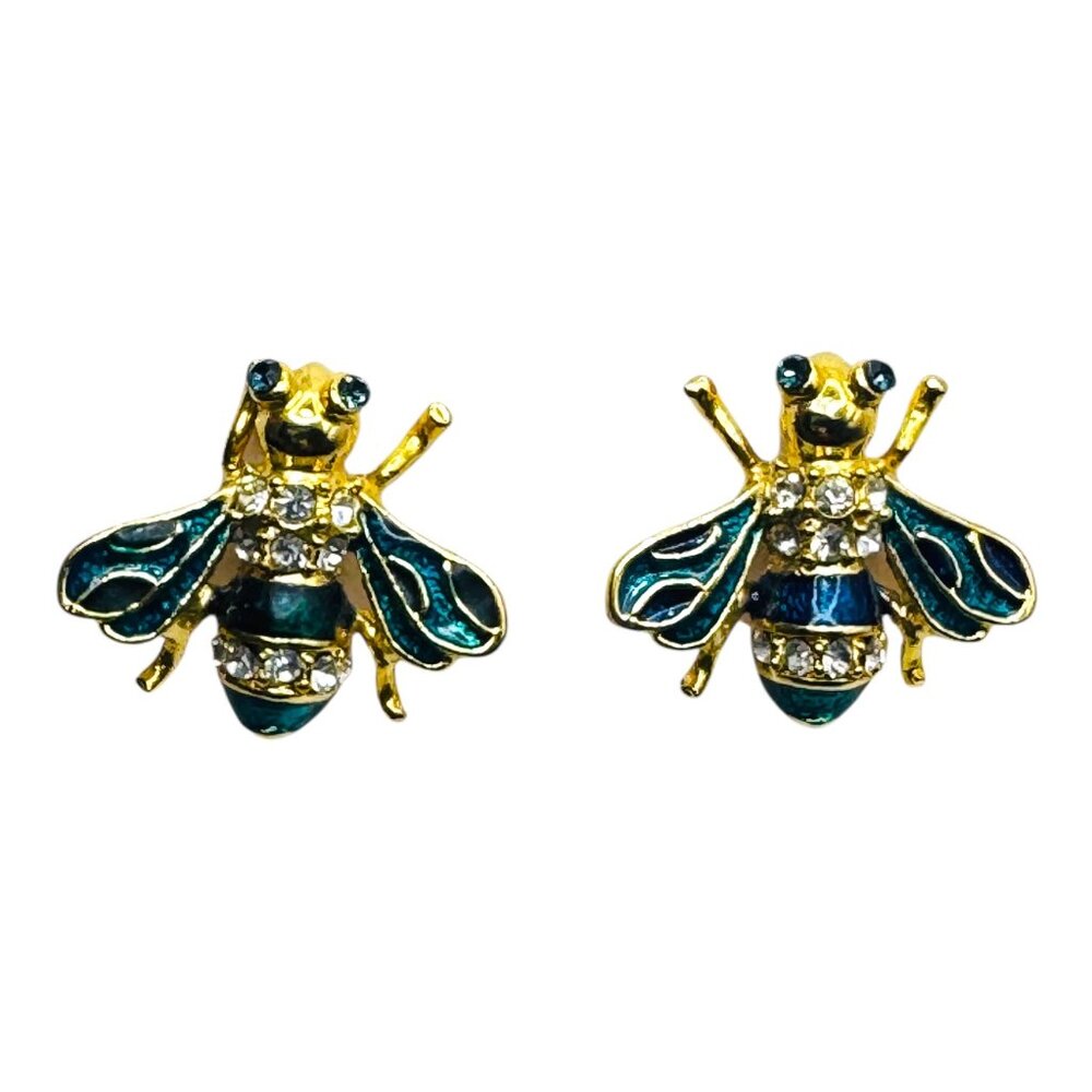 Vintage Bee Shaped Gold-Tone Clip-On Earrings W Rhinestones & Enamel Accents - Picture 8 of 8